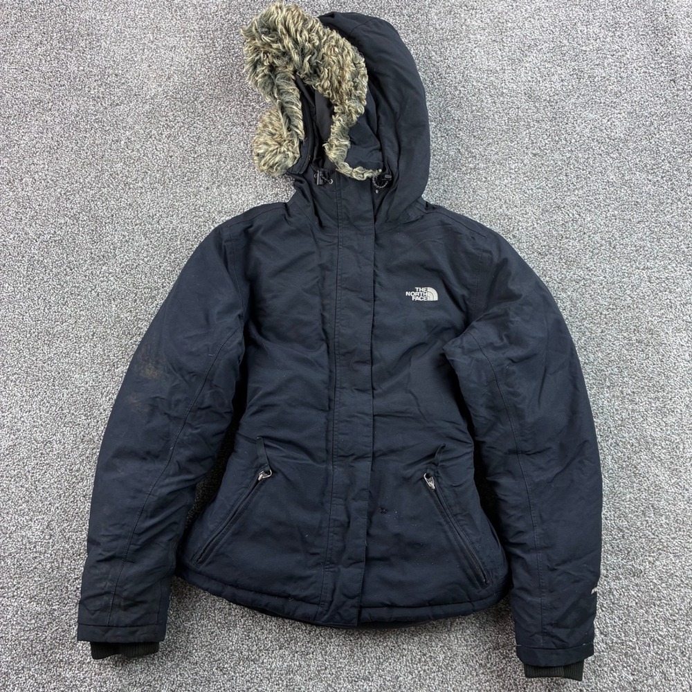 The North Face HyVent Parka Jacket Women's M Black Faux Fur Hood Belted Coat